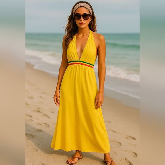 NWT Coogi Womens Plus 3X Yellow Halter Maxi Swim Cover Up Dress Plunge Backless - Picture 1 of 14